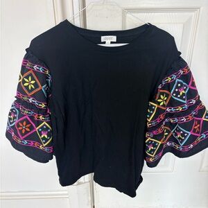 Opipi Black Top with Vibrant Embroidered Sleeves